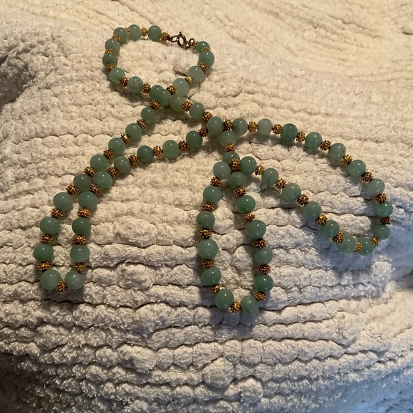 Jewelry - Vintage Les Bernard Jade Green Glass and Gold Tone Beads.